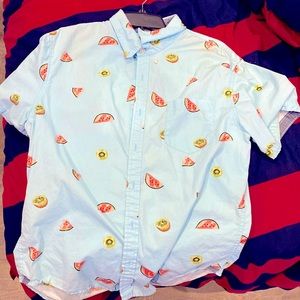 Blue button down with watermelons and kiwis. Perfect for outdoors